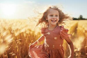Ai generative. Happy blonde girl child running across the field outdoors photo