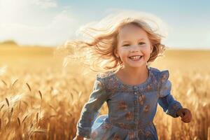 Ai generative. Happy blonde girl child running across the field outdoors photo