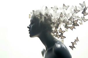 Ai generative.  Double exposure, side profile of face with butterflies photo