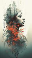 Ai generative.  Double exposure, side profile of face with trees photo