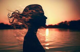 Ai generative.  Silhouette of a woman. double exposure sunset photo