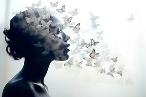 Ai generative.  Double exposure, side profile of face with butterflies photo