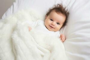 Ai generative.  Sweet newborn baby lying on bed on white blanket photo