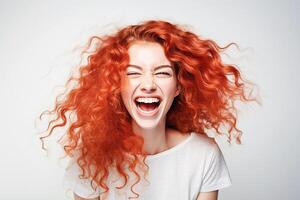 Ai generative.  Beautiful  redhead woman with flying curly hair  laughing photo