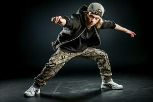 ai generativo. joven chico bailando breakdance foto