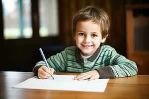 Ai generative. Little boy writing photo