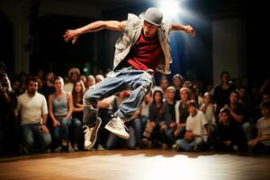 Ai generative.  Young guy dancing breakdance photo