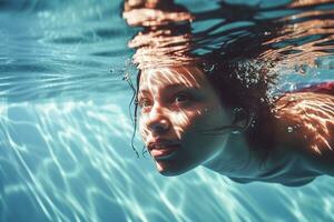 Swimming. A young girl is swimming. Ai generative. photo