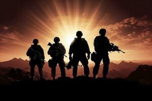 Military silhouettes on sunset. Ai generative. photo