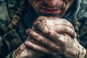 hombre en militar uniforme en el guerra. Deprimido y teniendo problemas con mental salud, trastorno de estrés postraumático, rehabilitación. ai generativo. foto