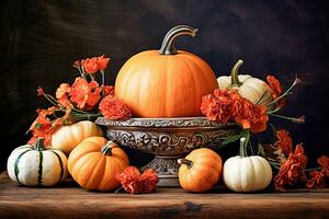 Thanksgiving decoration with pumpkins. Ai generative. photo