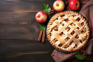 Homemade apple pie on wooden background. Ai generative photo