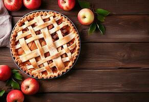 Homemade apple pie on wooden background. Ai generative photo