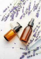 Lavender spa. Lavender  natural essential oil and fresh lavender photo