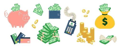 Set of money, coins, money purse, terminal, money bag, piggy bank, bundles of money. Vector flat illustration of finance related elements.