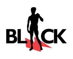 Black. Silhouette of a naked man next to black letters and the symbol of thunderbolt  in red. Statue of David from Florence, Italy made by Michelangelo. vector