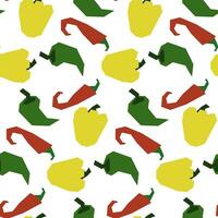 Seamless pattern with multicolored peppers of different varieties in bright cheerful colors. Bulgarian, chili, jalapeno in red, yellow and green colors on a white background vector