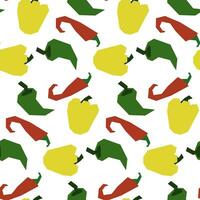 Seamless pattern with multicolored peppers of different varieties in bright cheerful colors. Bulgarian, chili, jalapeno in red, yellow and green colors on a white background vector