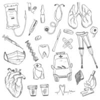Hand drawn doodles, isolated vector objects on white background. Healthcare and medicine vector illustration.