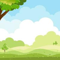 Sky blue with cloud background,Spring landscape with green grass field and tree on mountain,Panorama Nature Summer rural with copy space,Cute Cartoon vector illustration backdrop banner for Easter