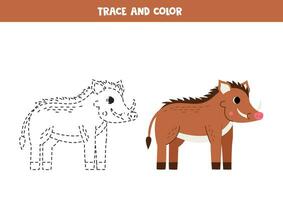 Trace and color cartoon warthog. Worksheet for children. vector