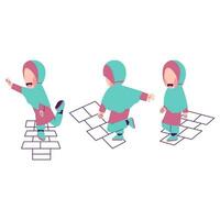 Set Of Hijab Girl Playing Hopscotch vector