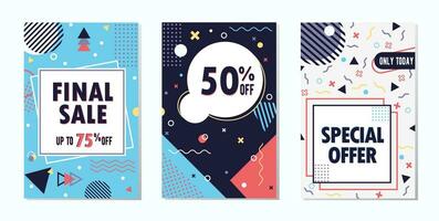 Set of templates of sale and discount offers. Memphis-style vector illustrations in bright colors for website, flier or social media marketing