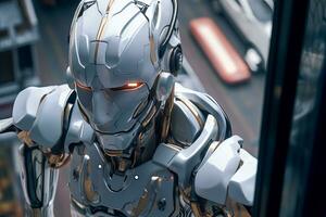 an image of a robot standing in front of a building photo