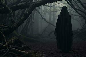 a person in a black cloak standing in the middle of a dark forest photo