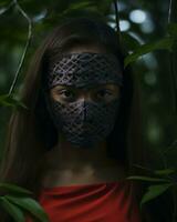 a woman wearing a mask in the woods photo