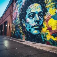 un vistoso mural de un mujer en el lado de un edificio foto