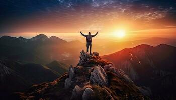 triunfo a el cumbre - humano figura celebrando éxito en un montaña - generativo ai foto