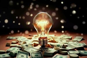 Glowing Light Bulb Among Money Banknotes - Business and Money Making Concept - Generative AI photo