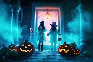 Festive Halloween Evening - Kids Gather at Mysterious Glowing Door - Generative AI photo