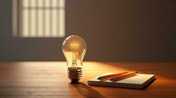 Idea Inspiration - Glowing Light Bulb and Notebook on Table - Generative AI photo