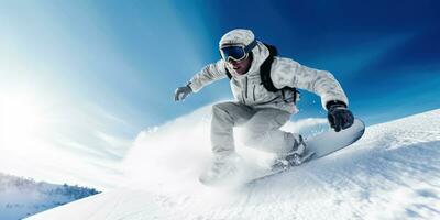 extremo snowboarder montando el Nevado montaña terreno - generativo ai foto