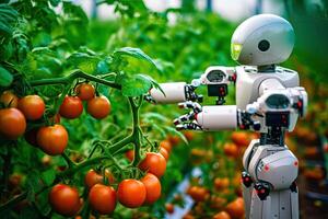 tomate cosecha innovación - robot cyborg maximiza eficiencia en invernadero - generativo ai foto