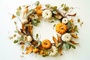 Autumn Wreath of Foliage and Pumpkins on White Background - Generative AI photo