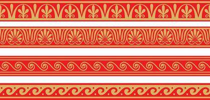 Set of vector seamless greek classic ornament. Pattern for a border and a frame. Ancient Greece and the Roman Empire. Endless gold with red meander