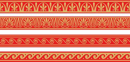 Set of vector seamless greek classic ornament. Pattern for a border and a frame. Ancient Greece and the Roman Empire. Endless gold with red meander