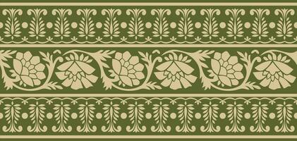 Vector seamless gold and green Indian national ornament. Ethnic endless plant border. Flowers frame. Poppies and leaves