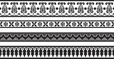 Vector set of seamless monochrome black Indian national ornament. Ethnic endless plant border. Flowers frame. Poppies and leaves