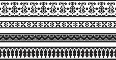 Vector set of seamless monochrome black Indian national ornament. Ethnic endless plant border. Flowers frame. Poppies and leaves