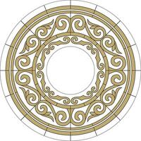 Vector gold stained glass window, Kazakh ornament. Drawing of nomads on glass. Template for a round ceiling with a chandelier in the middle