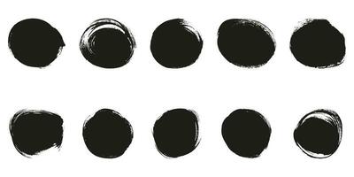 Brush Collection in Round Shape. Swirl Graphic Element. Circle Black Grunge Frame Set. Abstract Design of Watercolor Ink Paint. Isolated Vector Illustration.