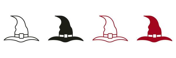 Witch Hat Line and Silhouette Icon Set. Wizard Magic Pointy Cap for Party 31 October Black and Color Pictogram. Halloween Accessory for Magician Symbols. Isolated Vector Illustration.