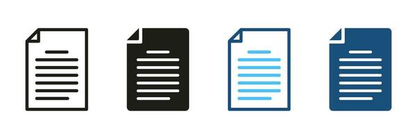 Document Line and Silhouette Icon Set. Form, Paper Page Black and Color Pictogram. Business Contract Symbol Collection. Text Information in File Sign. Data Report. Isolated Vector Illustration.