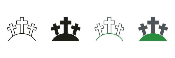 Gravestone, Tomb, Tombstone Line and Silhouette Icon Set. Cemetery with Tombstone and Cross, Graveyard Pictogram. Halloween Decoration Black and Color Symbol Collection. Isolated Vector Illustration.