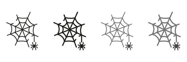 Spiderweb Line and Silhouette Icon Set. Spooky Spider Web, Halloween Decoration Pictogram. Fear Cobweb Trap with Spider on Thread Symbol Collection. Isolated Vector Illustration.