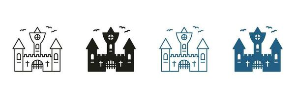 Gothic Spooky Castle Pictogram Black and Color Set. Vampire Dracula Scary Castle Line and Silhouette Icons. Dark Old Castle for Halloween Celebration Symbols. Isolated Vector Illustration.